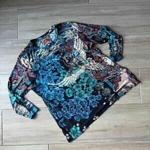 JOHNNY WAS Japanese Heron & Floral Print Top - Women's Size XL